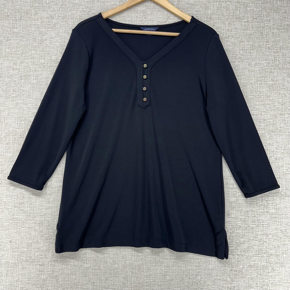Lands' End Tunic Top Womens L/P 14-16 Black Solid Henley 3/4 Sleeve Jersey Shirt